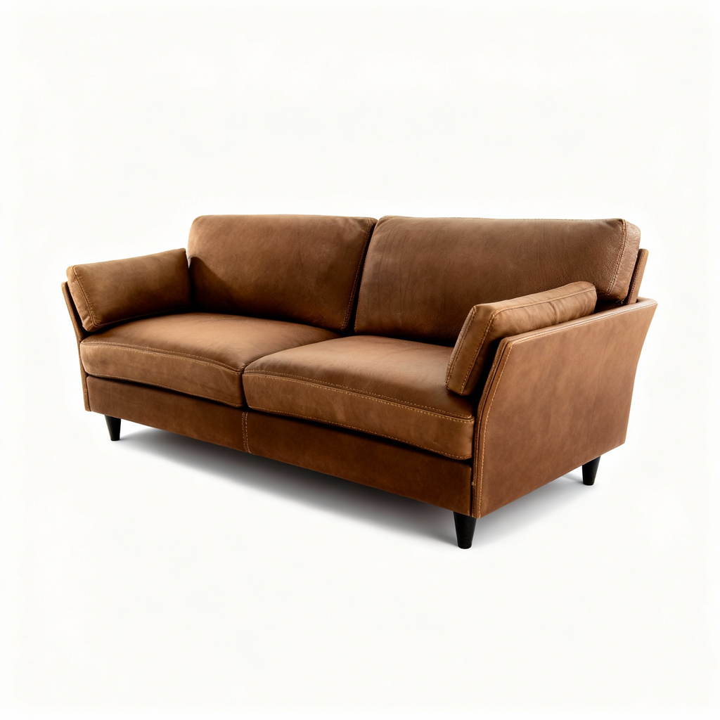 Timeless 2-seater sofa upholstered in rich chestnut brown full-grain leather, featuring comfortable armrests and modern black tapered legs.