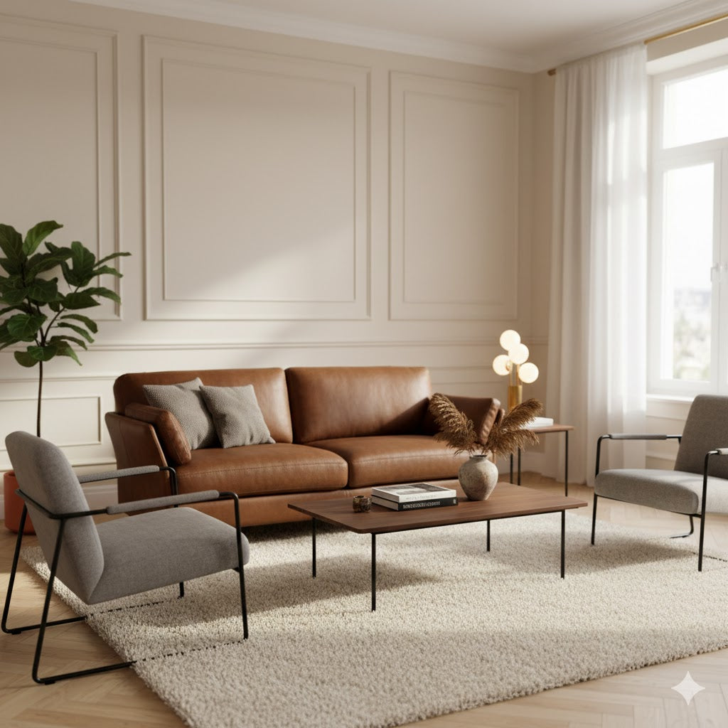 Timeless 2-seater sofa upholstered in rich chestnut brown full-grain leather, featuring comfortable armrests and modern black tapered legs.