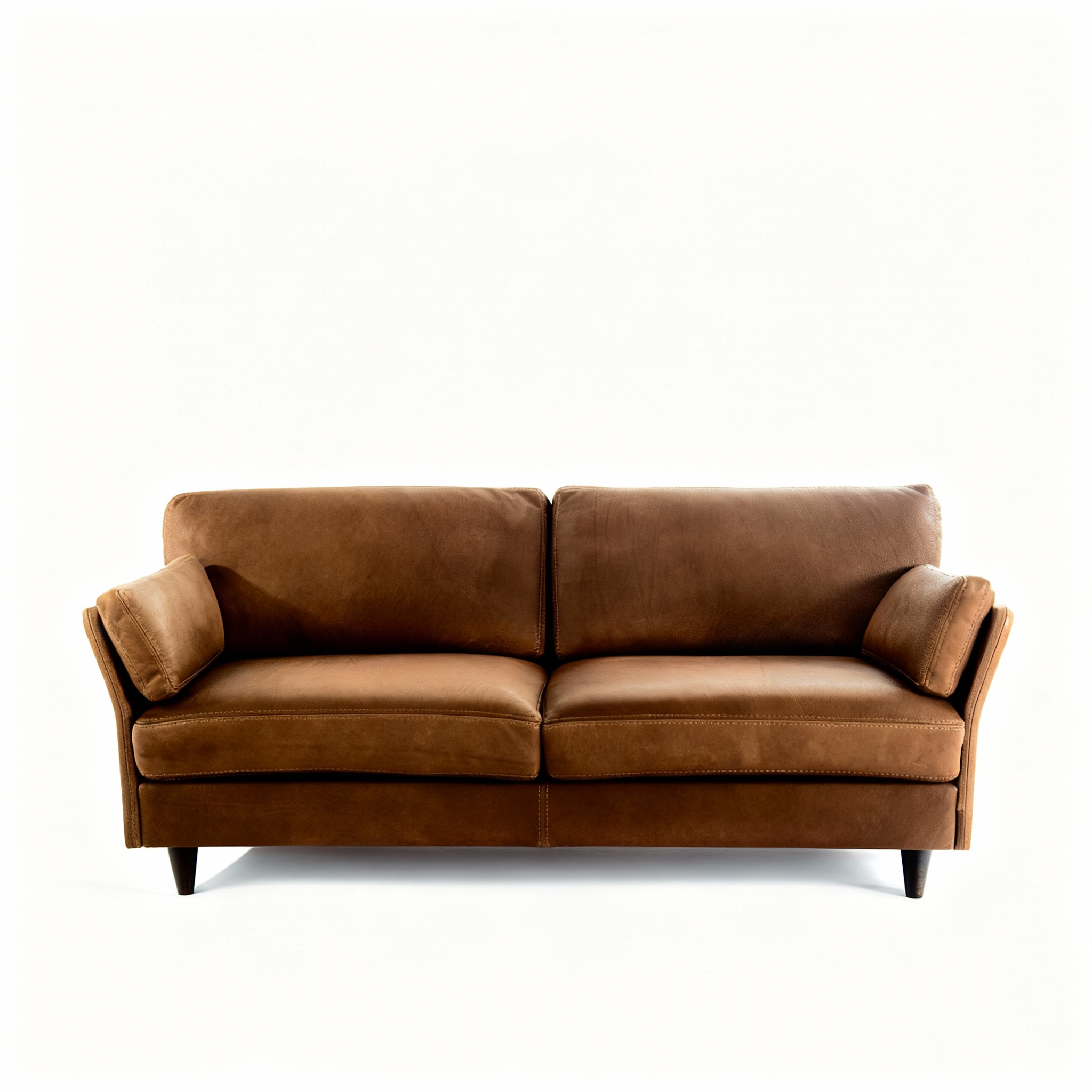Timeless 2-seater sofa upholstered in rich chestnut brown full-grain leather, featuring comfortable armrests and modern black tapered legs.