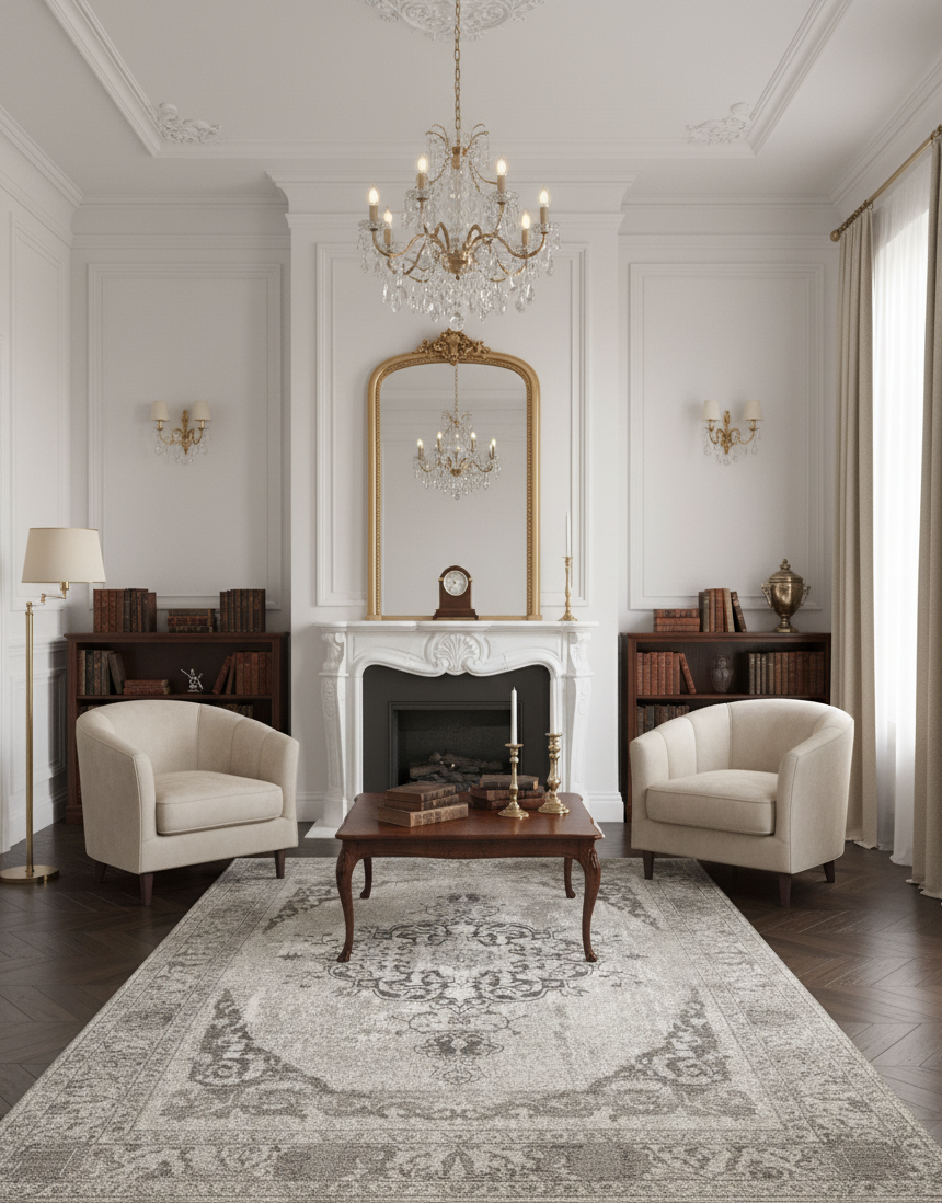 Grand tapis classique à motifs gris et blanc, 200x300 cm, style élégant et intemporel, pièce unique Outlet Rivet-Lozano n°26.