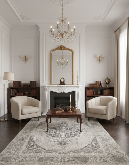 Traditional grey and white pattern detail of the Classic Nuance rug, 200x300cm