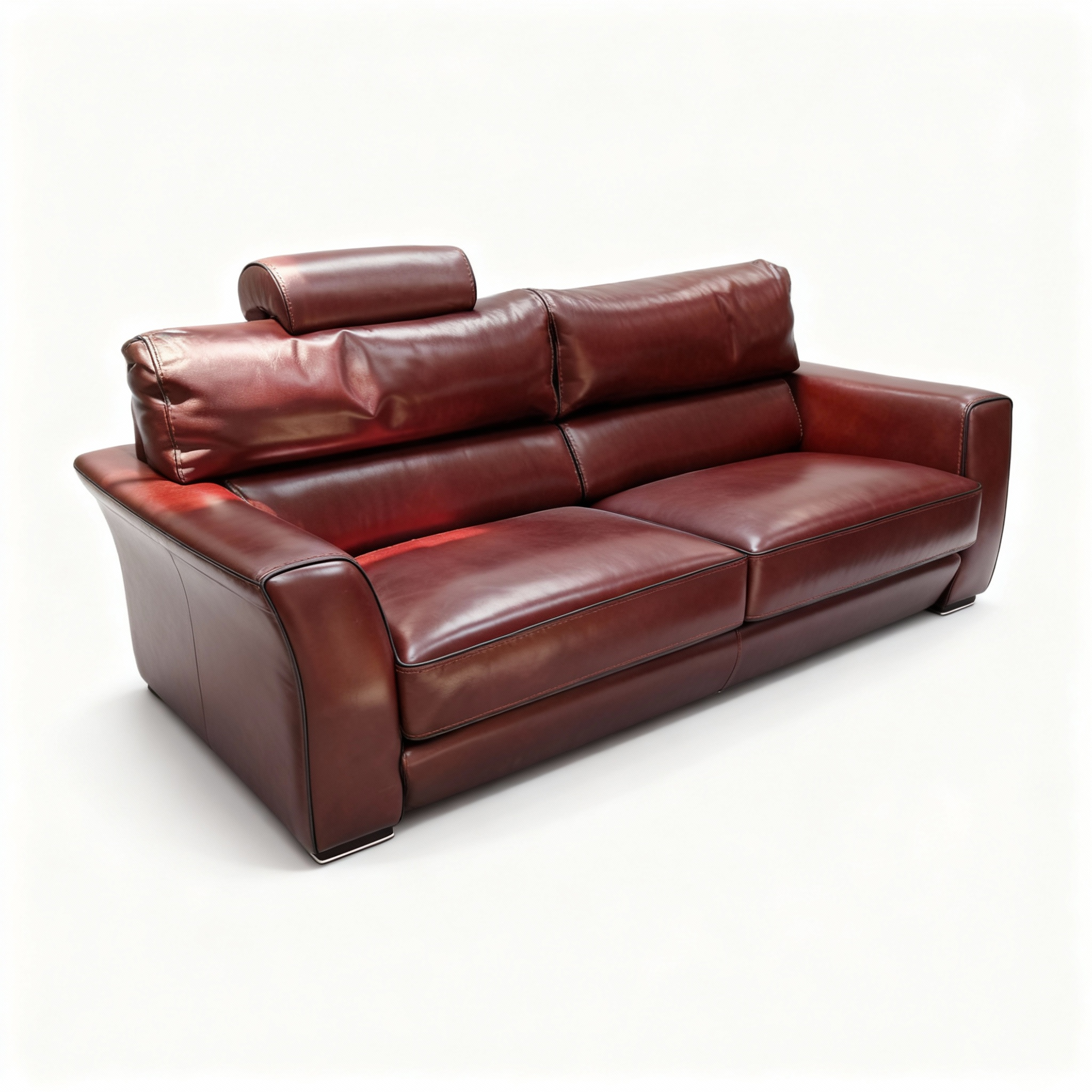 Luxury 3-seater sofa upholstered in deep Bordeaux red full-grain leather, featuring modern lines, double stitching, and independently adjustable headrests.