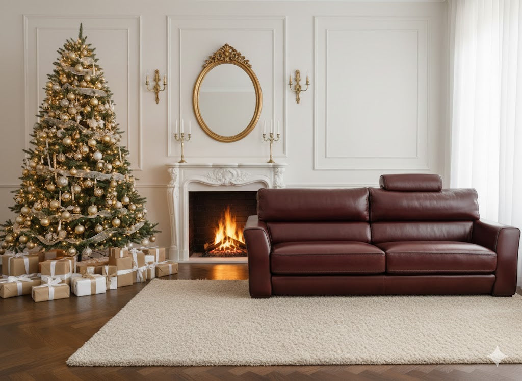 Bordeaux Italian leather detail of the three-seater sofa