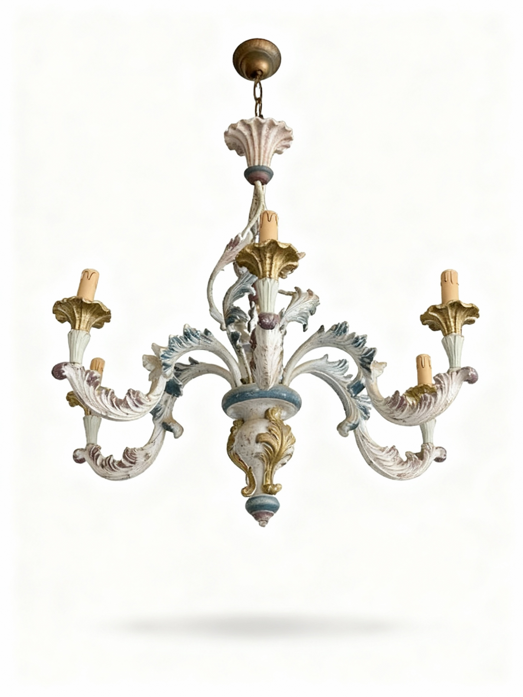 Magnificent 6-arm Baroque style chandelier with sculpted wood/resin body, acanthus leaf motifs, and a patinated white, gold, and colour-accented finish