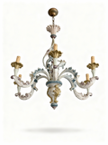 6-arm baroque chandelier in sculpted wood with acanthus motifs and gold-and-white patina