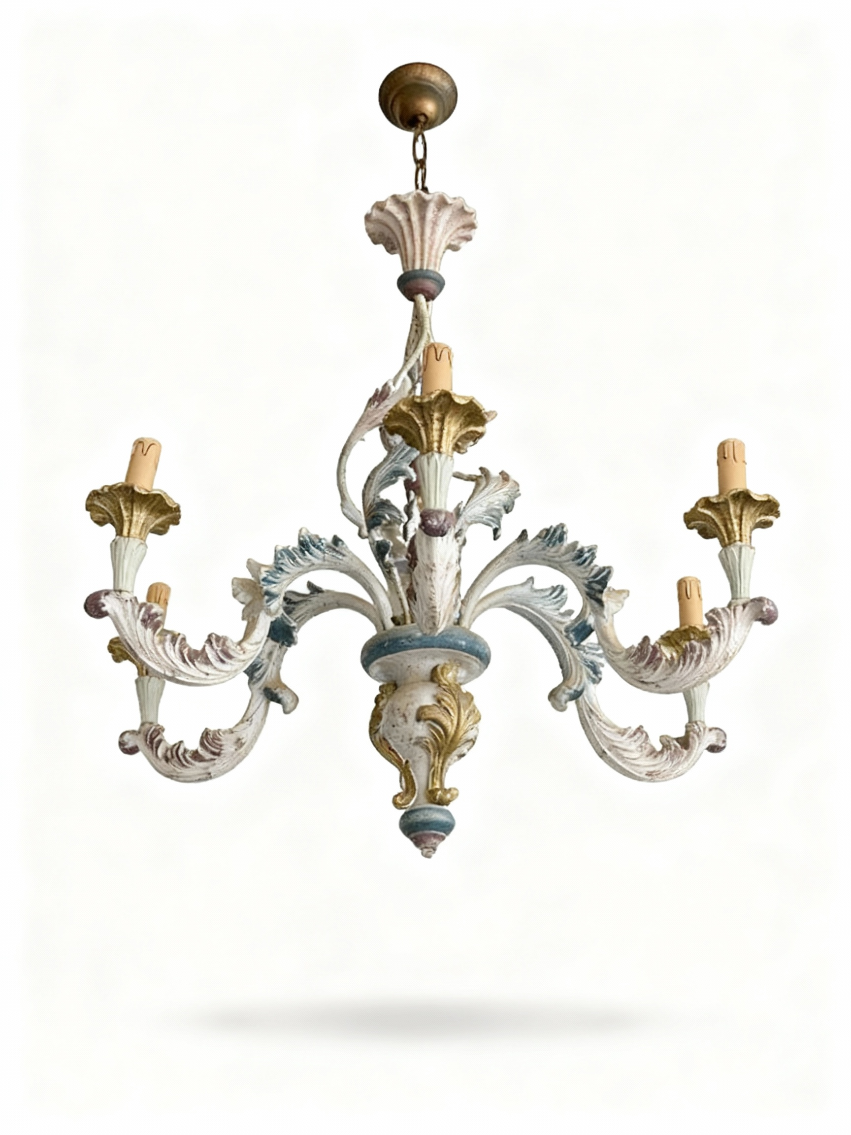 Magnificent 6-arm Baroque style chandelier with sculpted wood/resin body, acanthus leaf motifs, and a patinated white, gold, and colour-accented finish