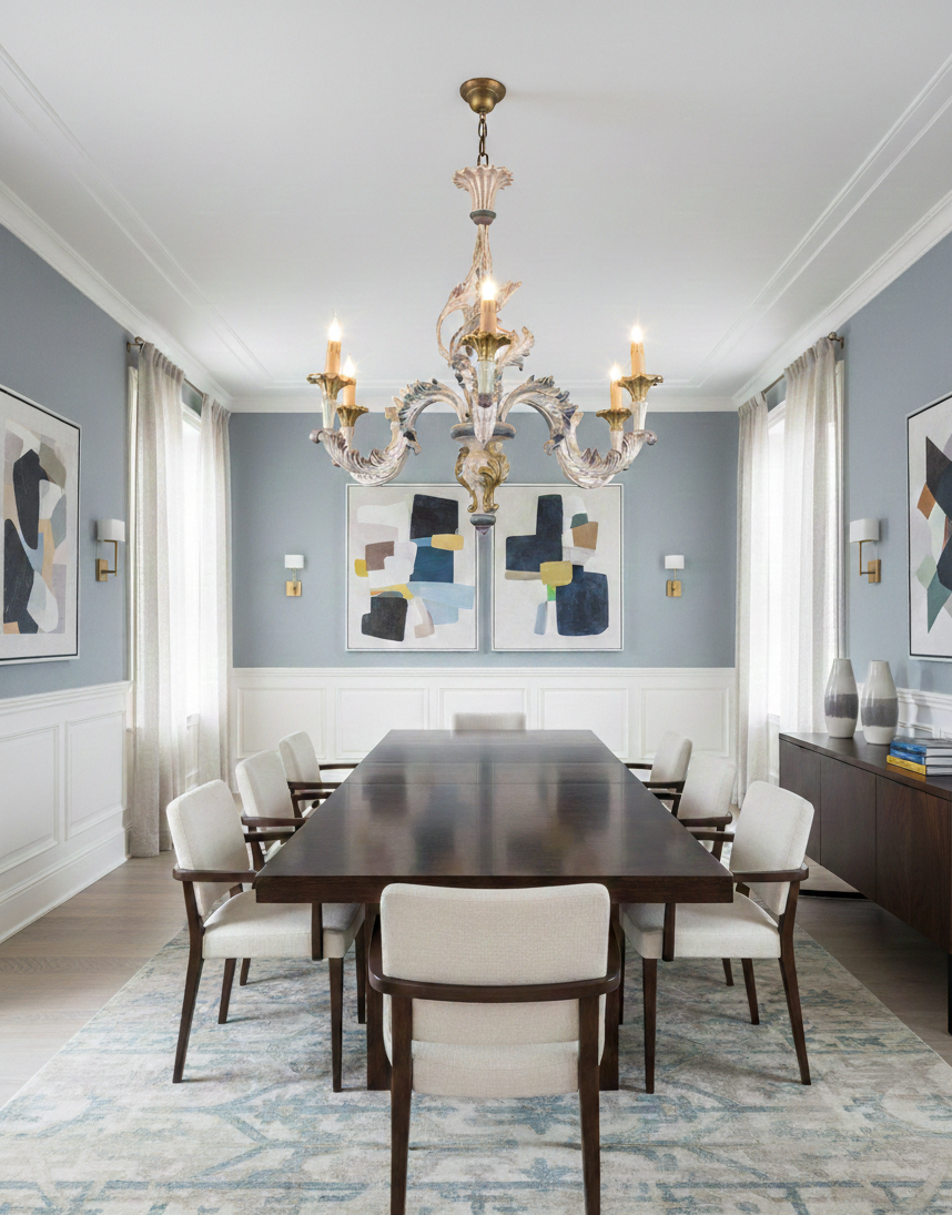 Magnificent 6-arm Baroque style chandelier with sculpted wood/resin body, acanthus leaf motifs, and a patinated white, gold, and colour-accented finish