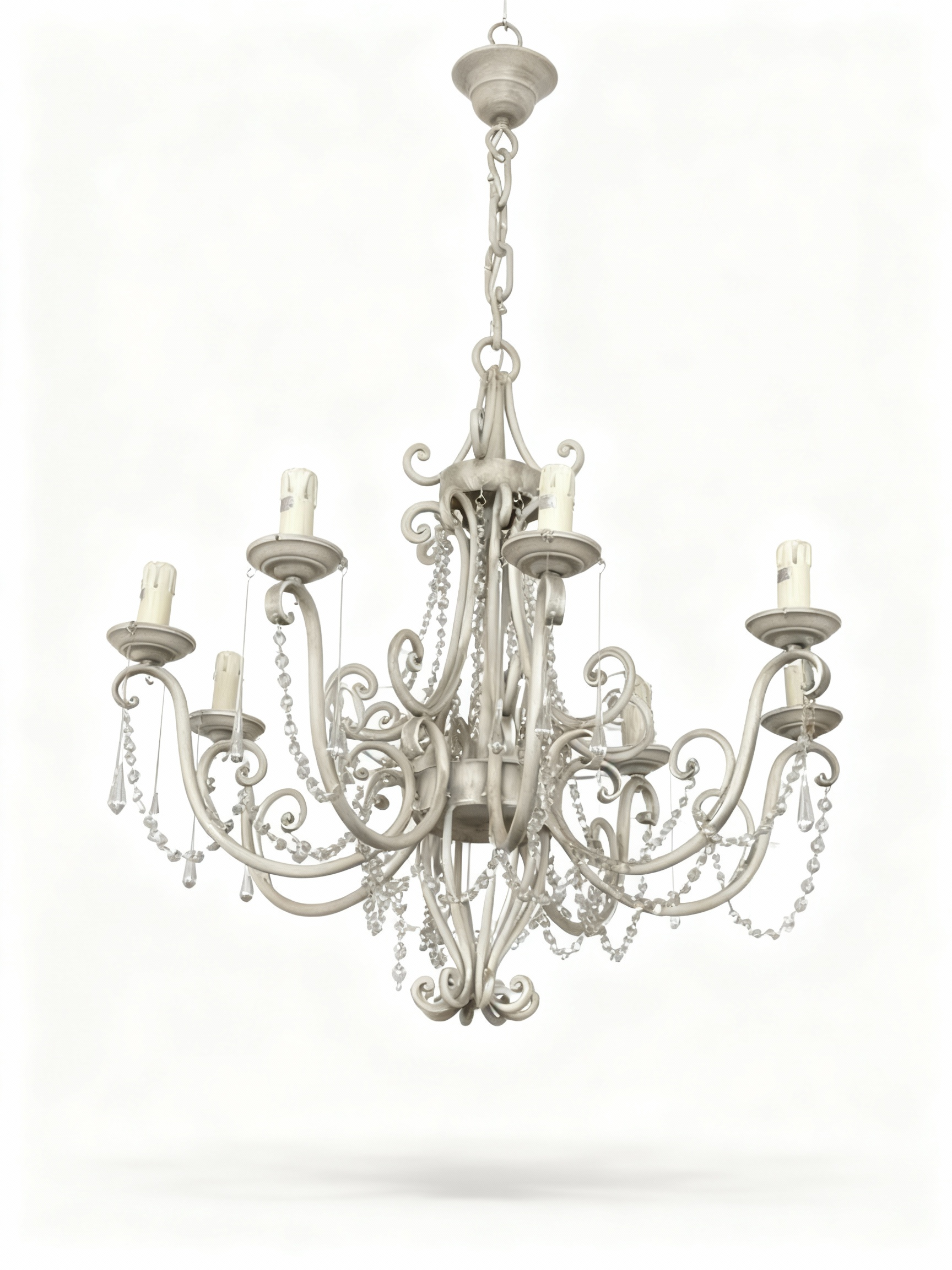 Patinated off-white 8-arm chandelier with metallic scrolls and decorative acrylic crystals/droplets, Shabby Chic style
