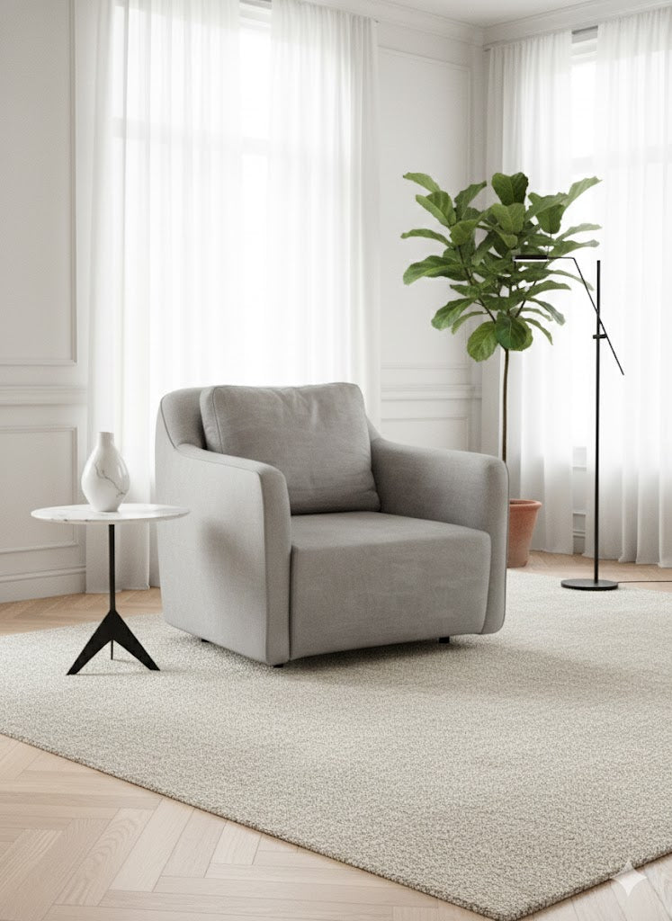 ANTIBES contemporary armchair in light grey fabric with Bultex foam and feather cushion on a sturdy wooden frame