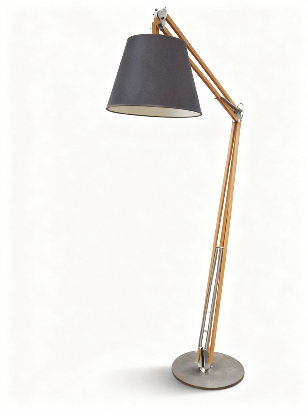 ARCHITECT floor lamp with long articulated light wood arms, brushed metal fixings, springs, and large black conical shade