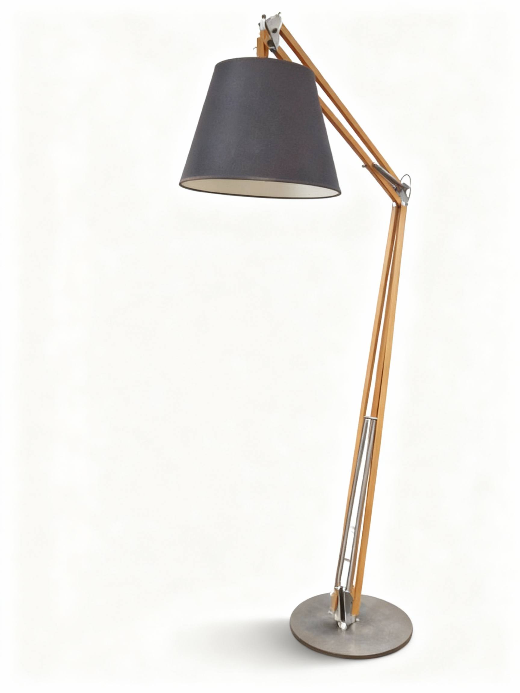 ARCHITECT floor lamp with long articulated light wood arms, brushed metal fixings, springs, and large black conical shade
