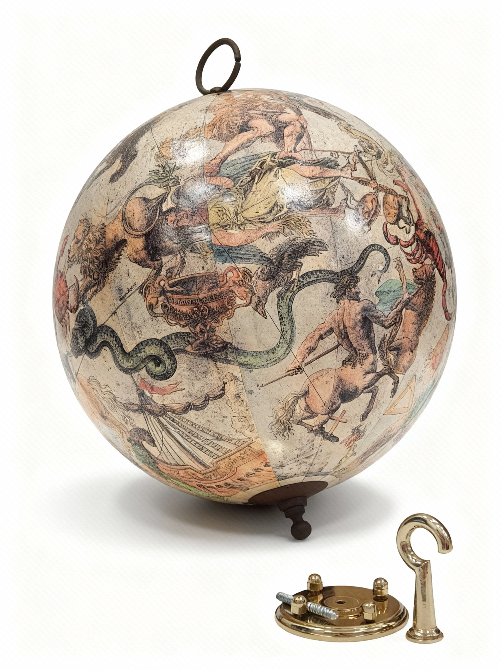 ASTROLABE celestial globe with antique map illustrations and gold patina