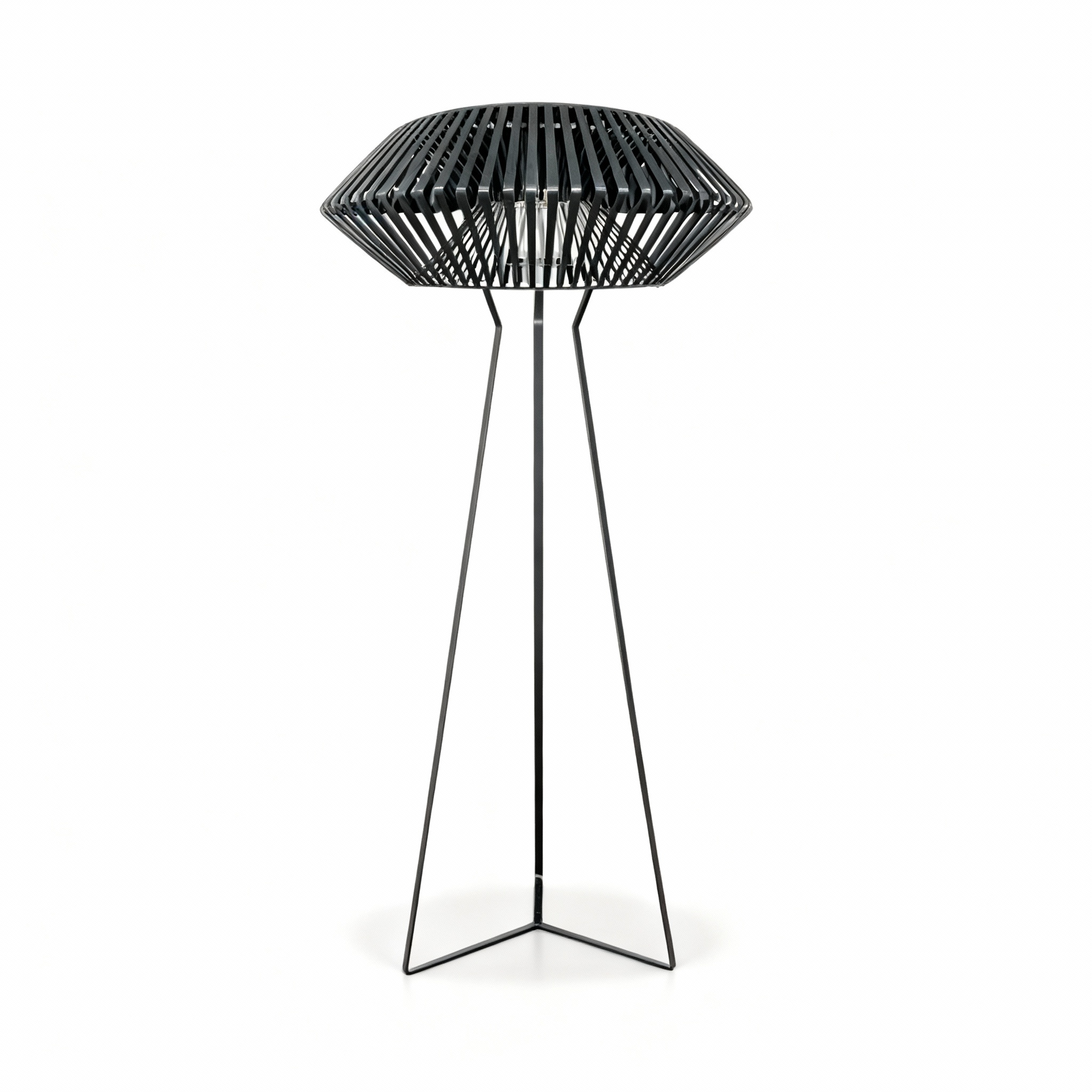 Tall "Aerial Structure" sculptural floor lamp featuring a black minimalist wire tripod base and a distinctive geometric shade made of fine black slats.