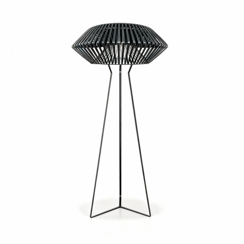 Aerial Structure floor lamp with black geometric slatted shade on metal tripod base