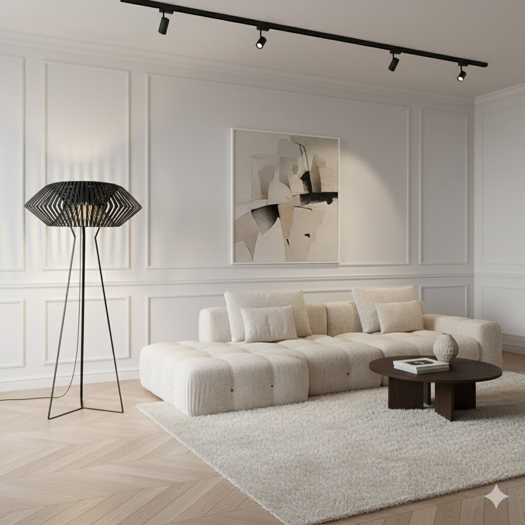 Tall "Aerial Structure" sculptural floor lamp featuring a black minimalist wire tripod base and a distinctive geometric shade made of fine black slats.