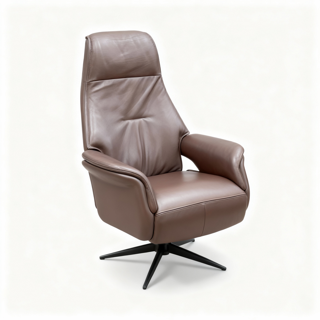 Sleek "Allure" manual recliner armchair upholstered in supple dark brown genuine leather, featuring an integrated footrest and a matte black star-shaped swivel base.