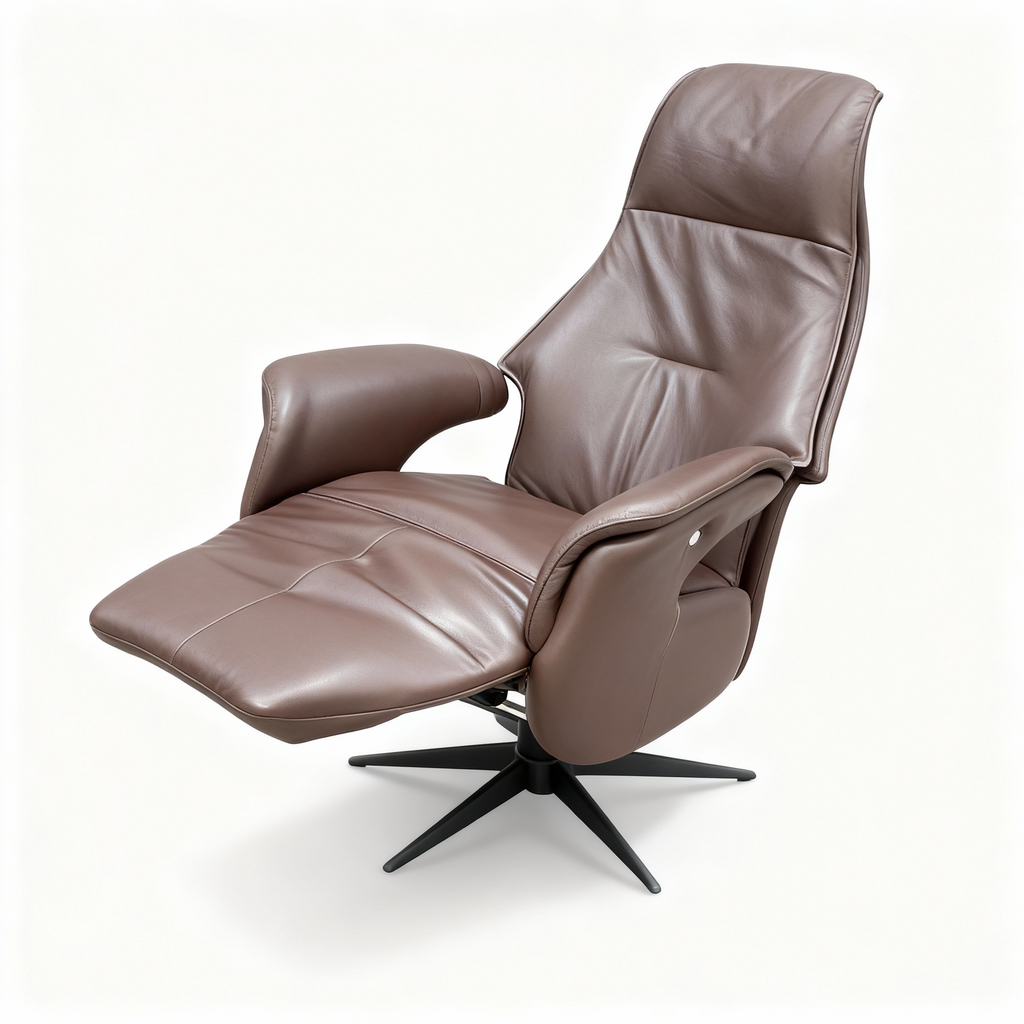 Sleek "Allure" manual recliner armchair upholstered in supple dark brown genuine leather, featuring an integrated footrest and a matte black star-shaped swivel base.