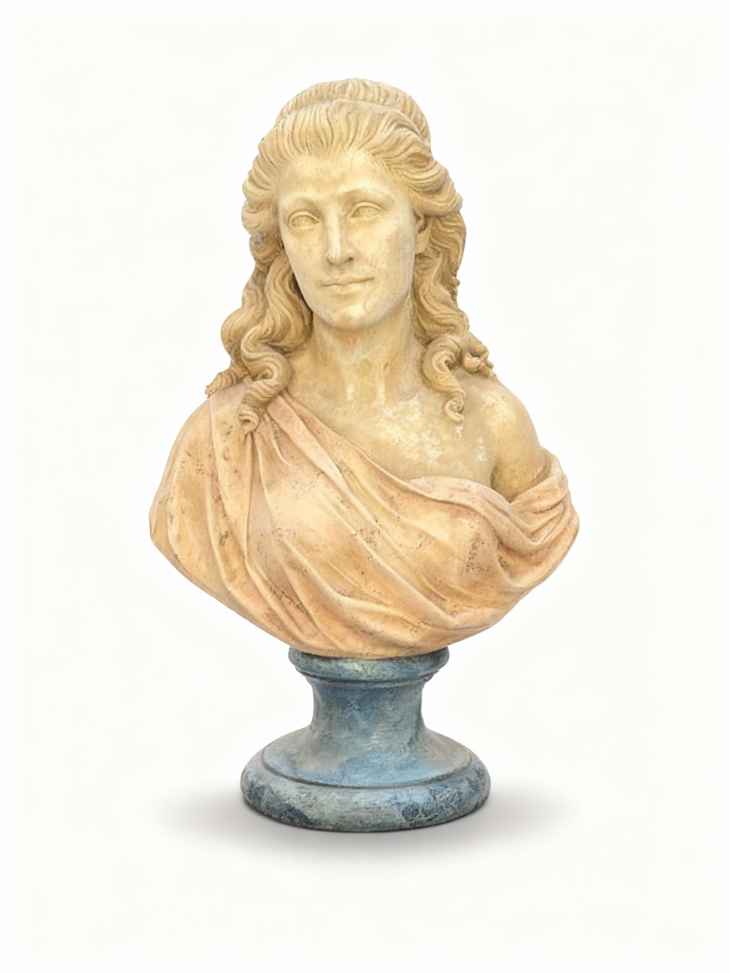 Decorative bust of a female figure with curled hair and classical garment, featuring an aged cream patina and blue-stone/verdigris base