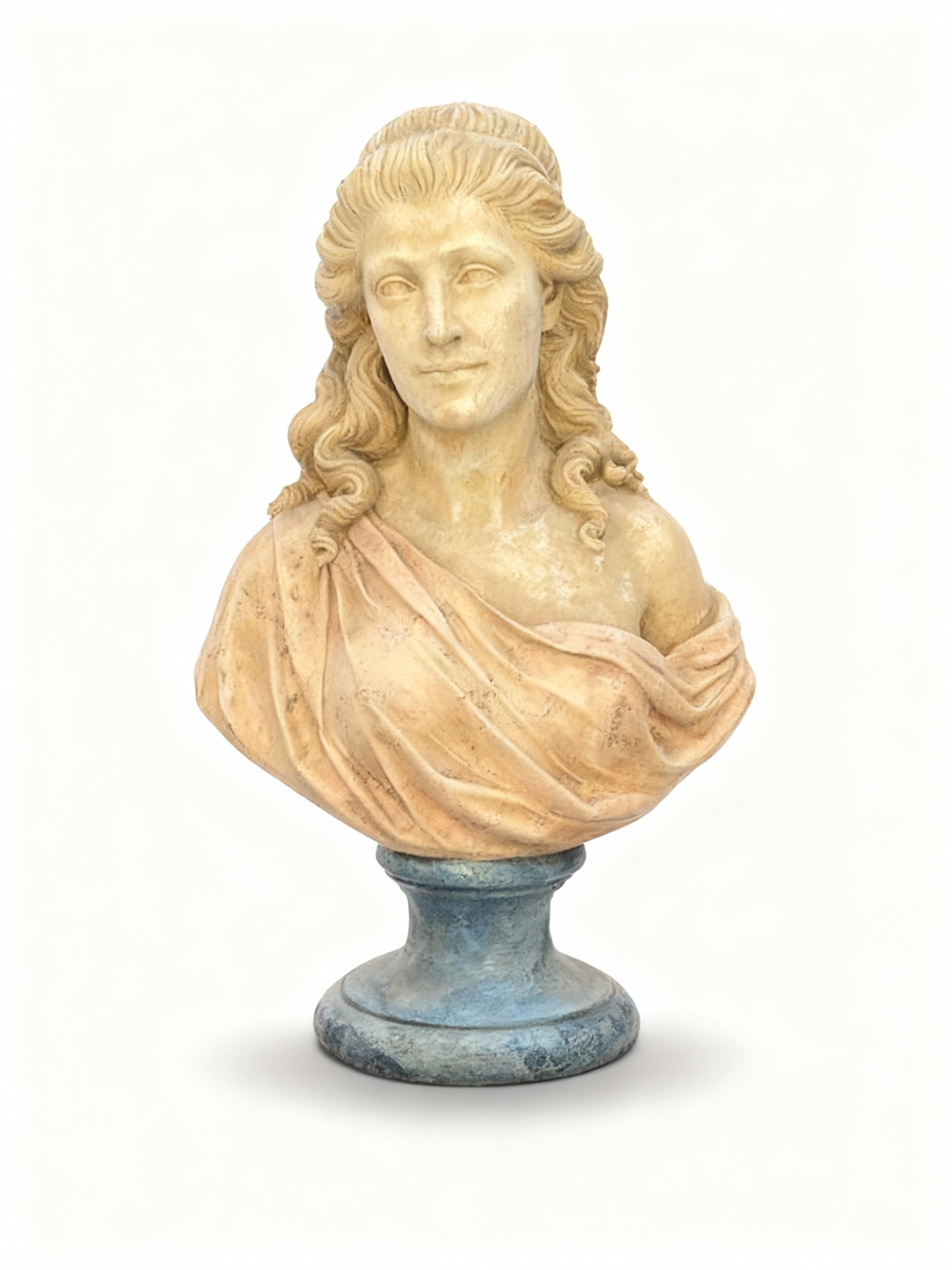 Decorative bust of a female figure with curled hair and classical garment, featuring an aged cream patina and blue-stone/verdigris base