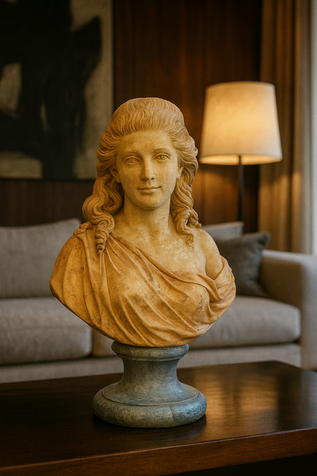 Decorative bust of a female figure with curled hair and classical garment, featuring an aged cream patina and blue-stone/verdigris base