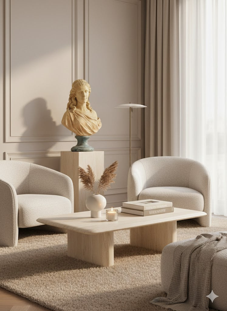 Decorative bust of a female figure with curled hair and classical garment, featuring an aged cream patina and blue-stone/verdigris base