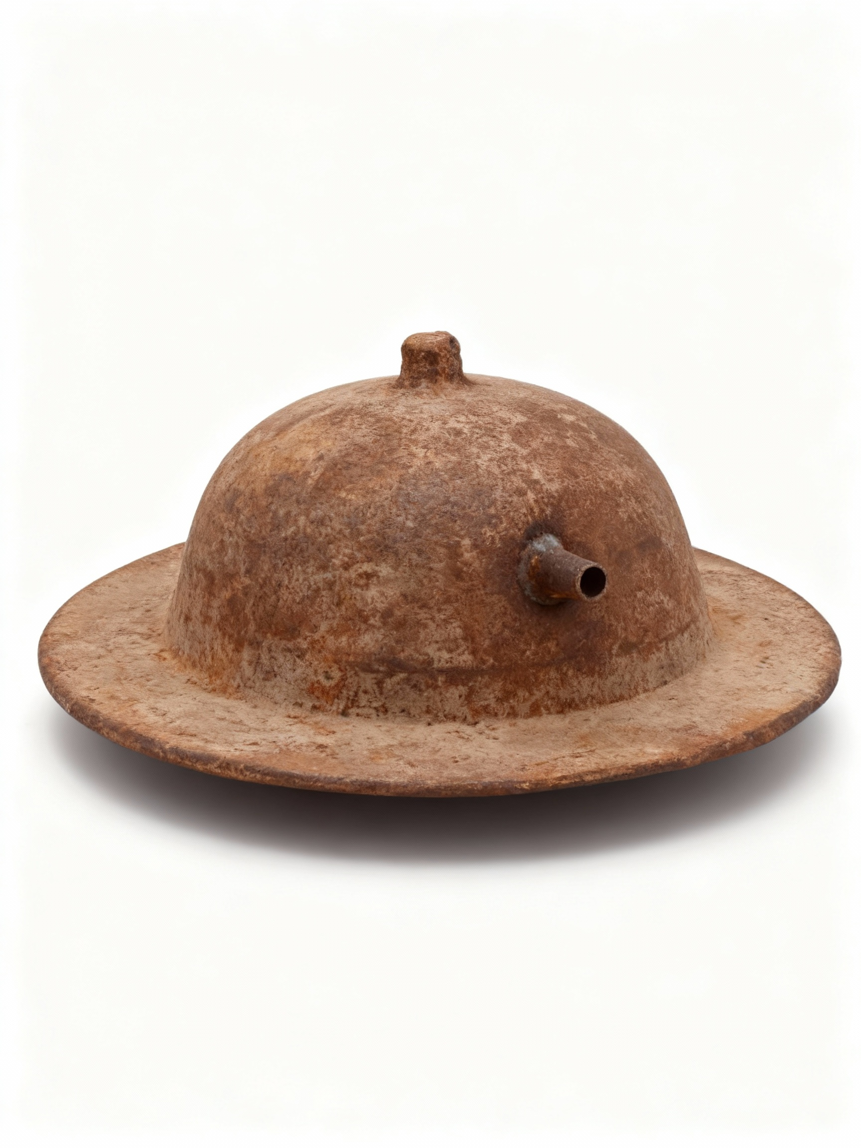 Antique military canteen or flask in heavy metal with rich, natural rust and terracotta oxidation patina