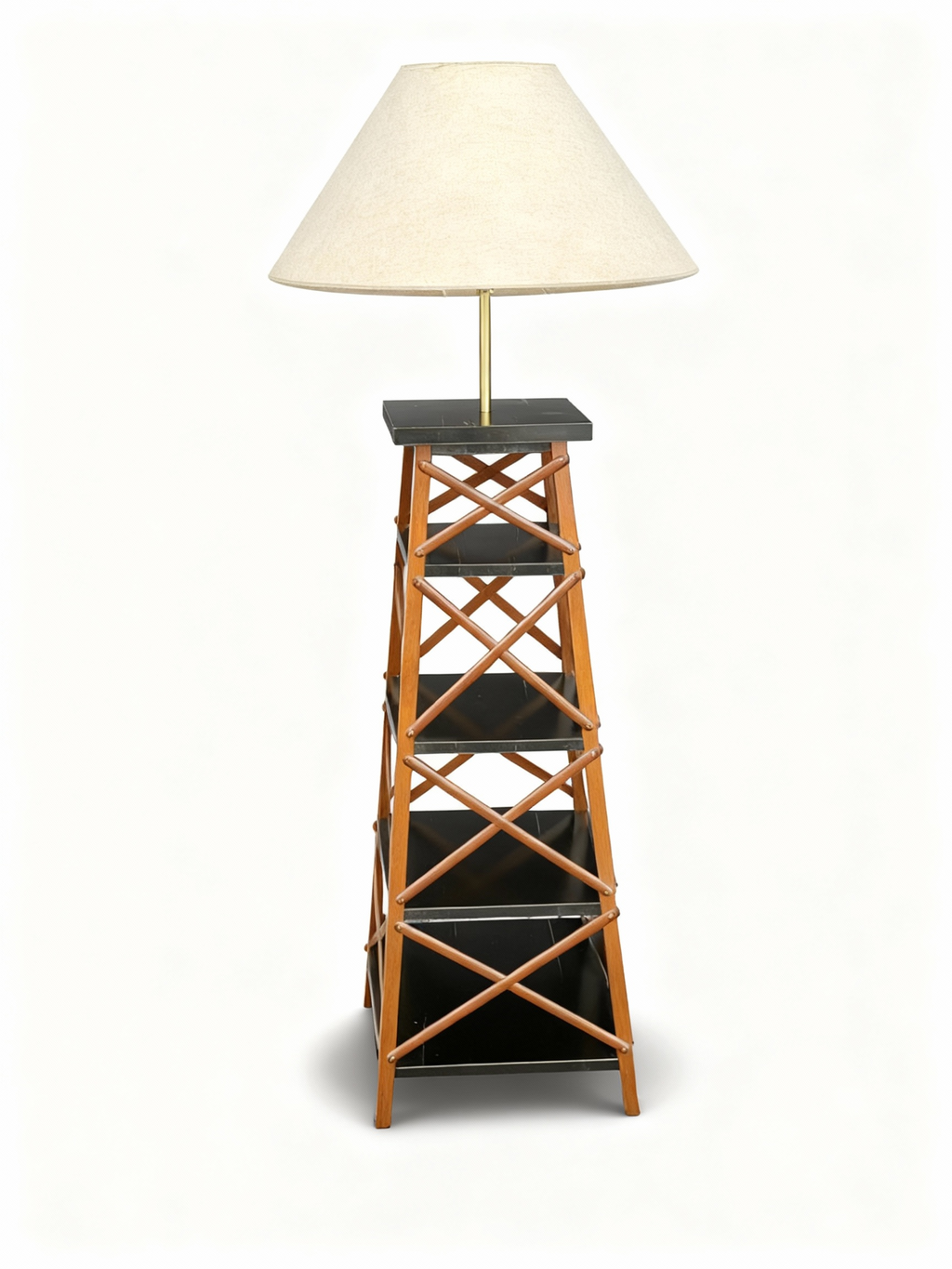 Architectural tower lamp-shelf featuring wooden latticework structure, dark shelves, and a cream conical lampshade, 45x45x120cm