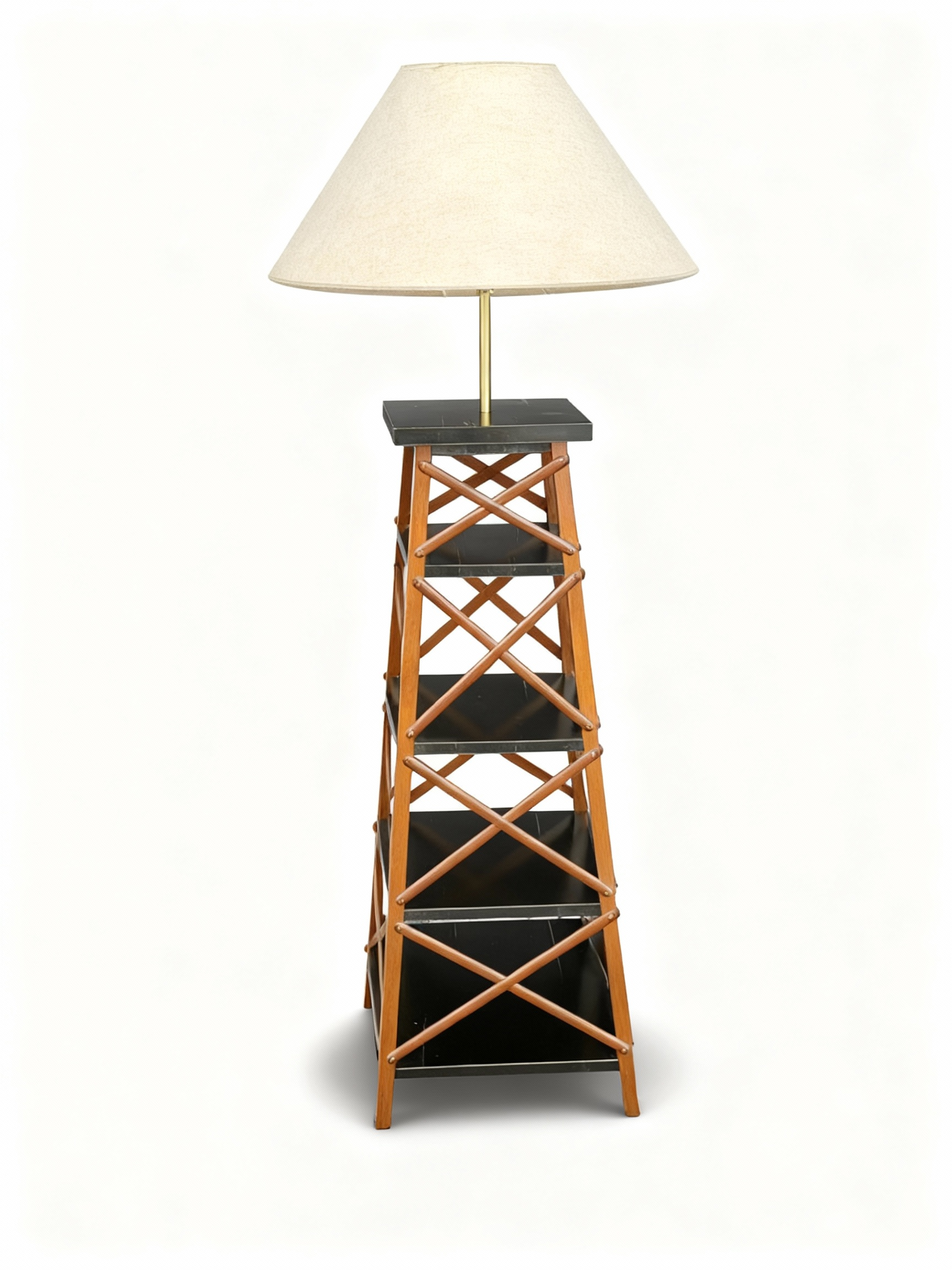 Architectural tower lamp-shelf featuring wooden latticework structure, dark shelves, and a cream conical lampshade, 45x45x120cm