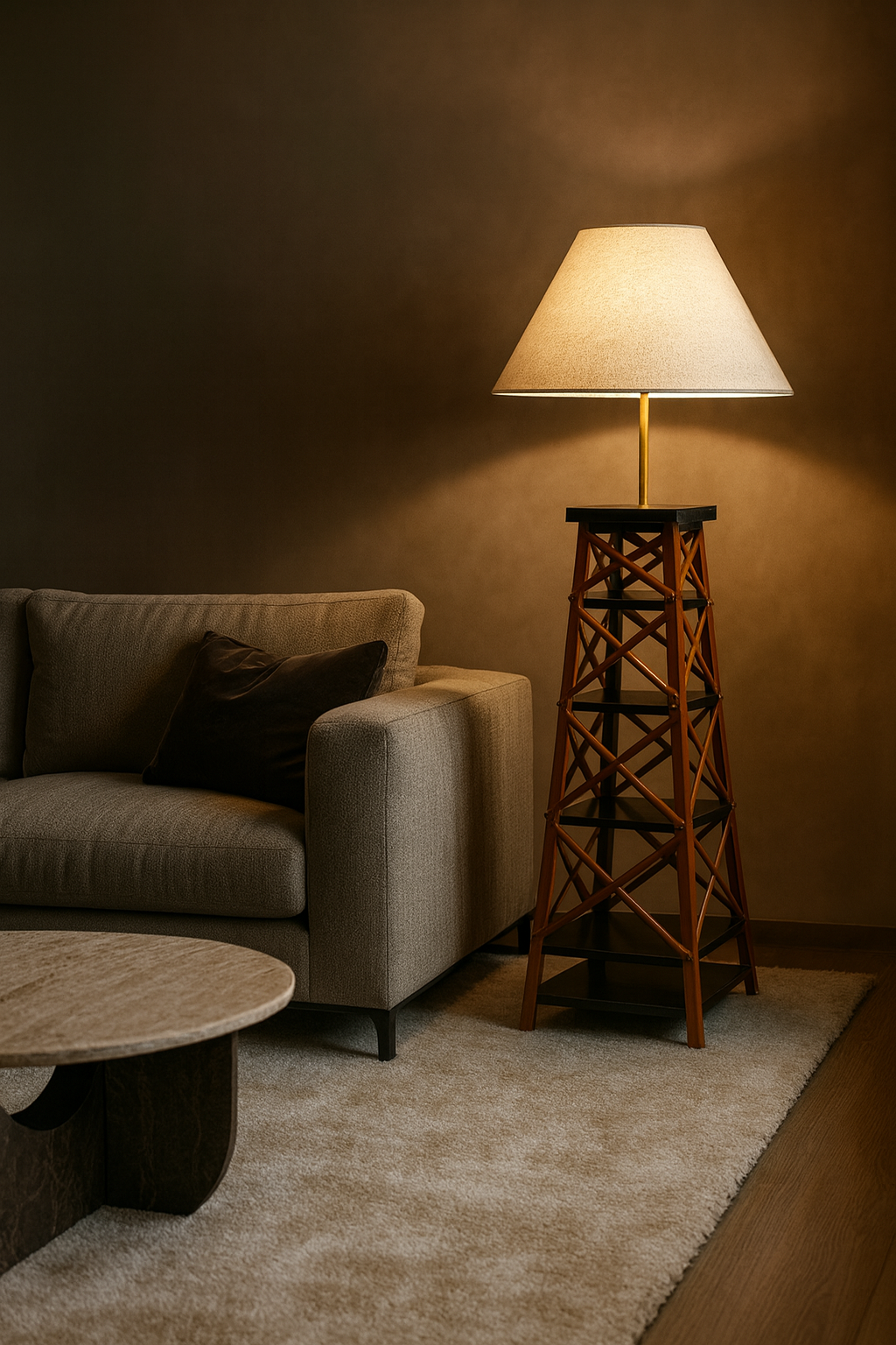 Architectural tower lamp-shelf featuring wooden latticework structure, dark shelves, and a cream conical lampshade, 45x45x120cm