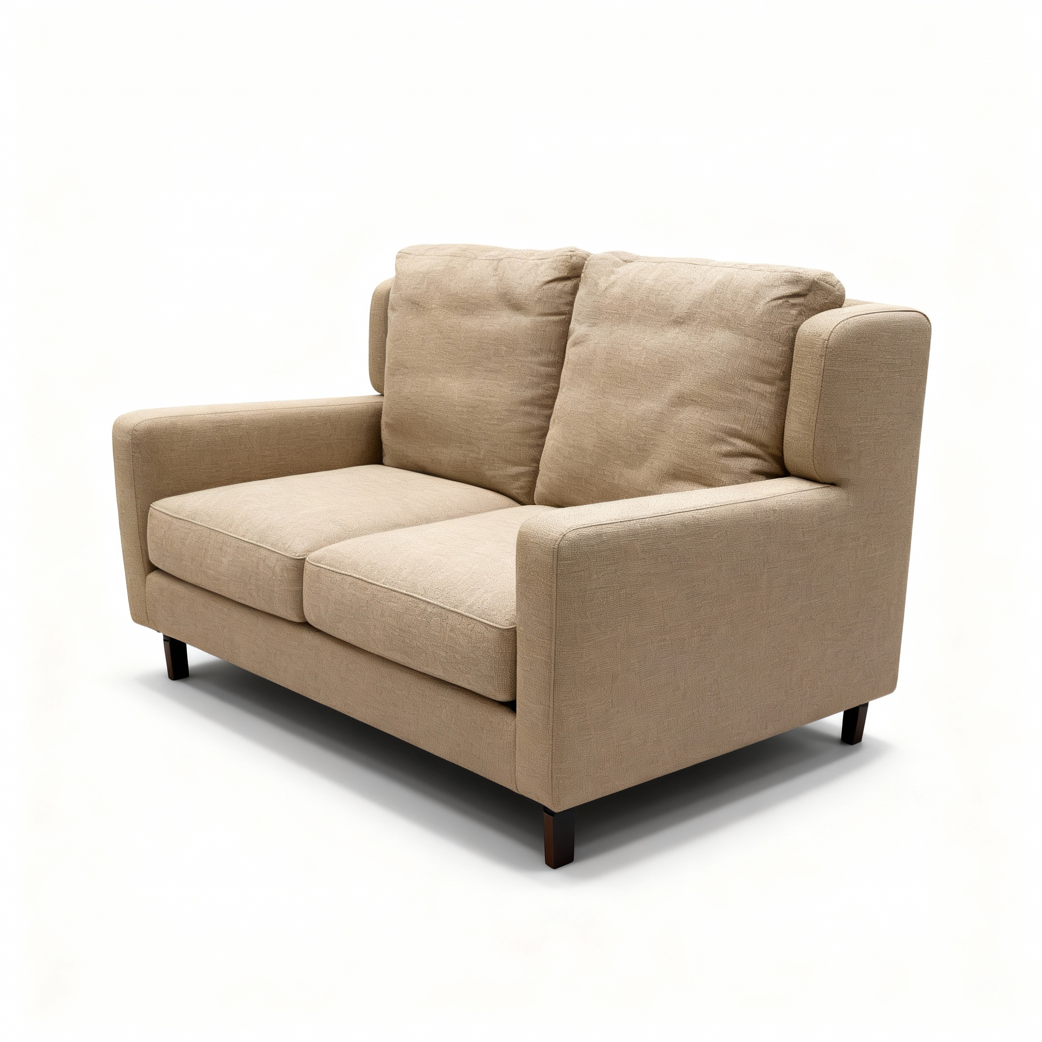 Compact "BLEND" 2-seater sofa upholstered in light ochre textured tweed fabric, featuring simple Scandinavian lines and straight dark wooden legs.