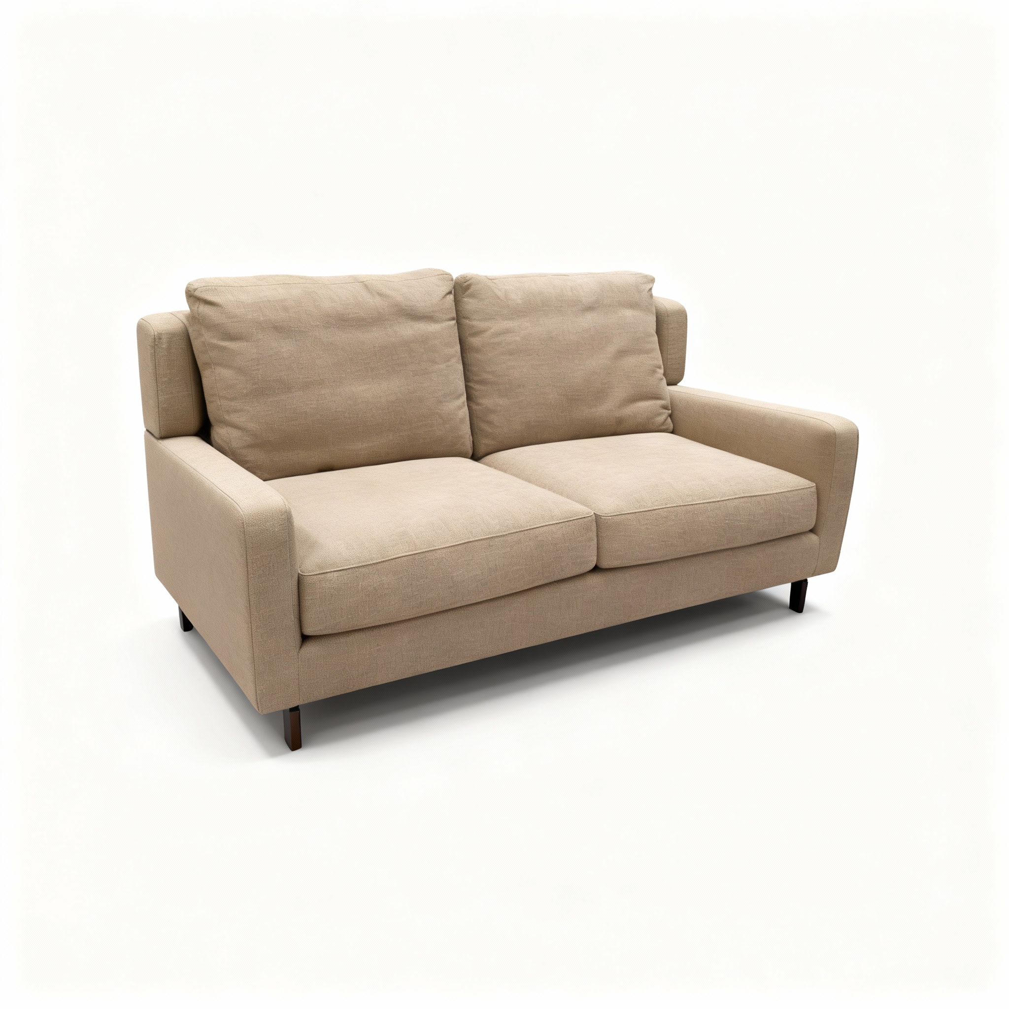 Compact "BLEND" 2-seater sofa upholstered in light ochre textured tweed fabric, featuring simple Scandinavian lines and straight dark wooden legs.