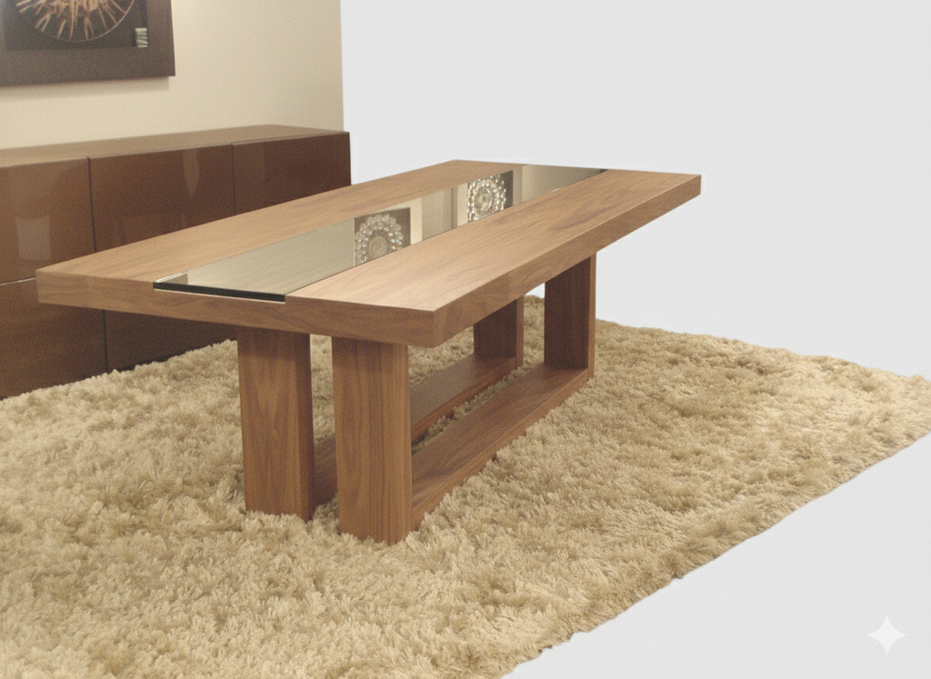 BRODWAY dining table (250cm) with rich walnut wood top and central transparent tempered glass band on massive legs