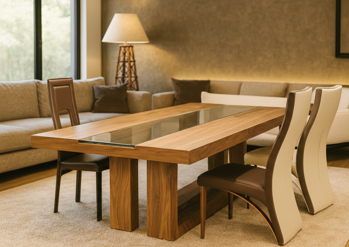 Table BRODWAY detail plateau noyer verre – livraison Belgique Gand outlet design