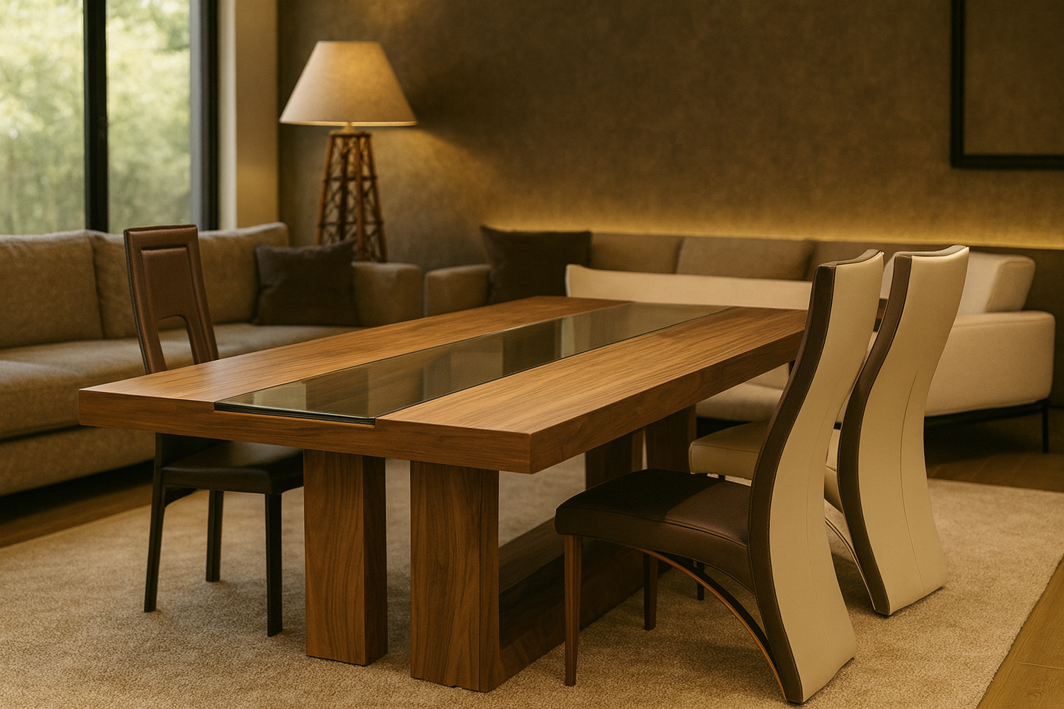 BRODWAY dining table (250cm) with rich walnut wood top and central transparent tempered glass band on massive legs