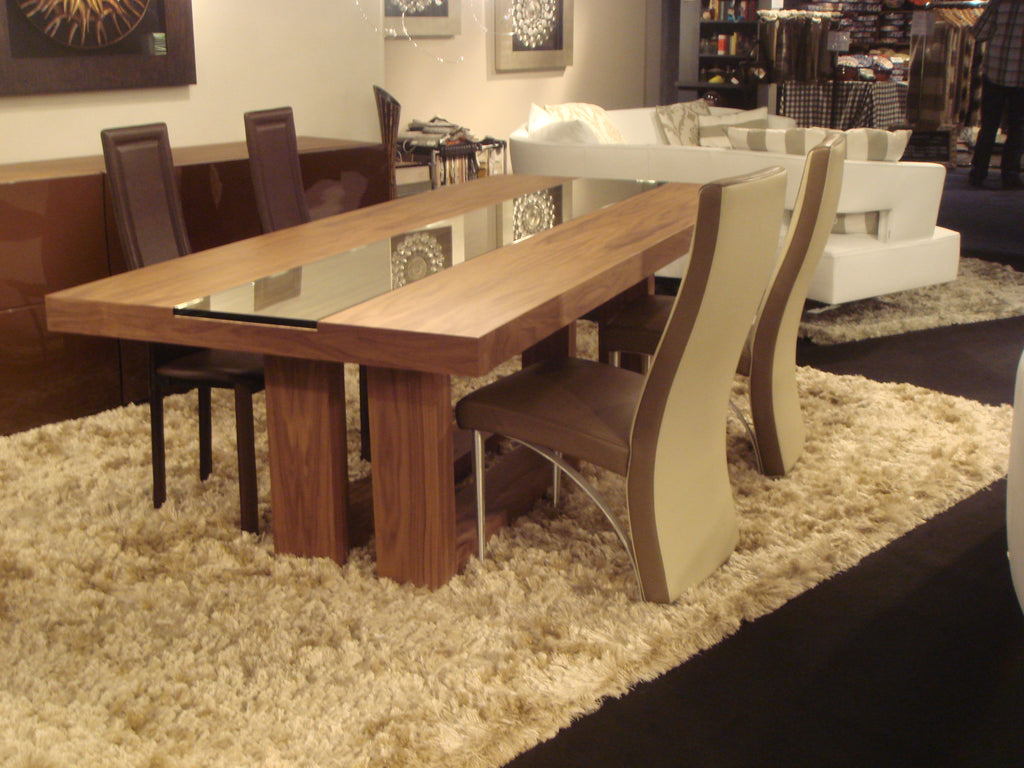 BRODWAY dining table (250cm) with rich walnut wood top and central transparent tempered glass band on massive legs
