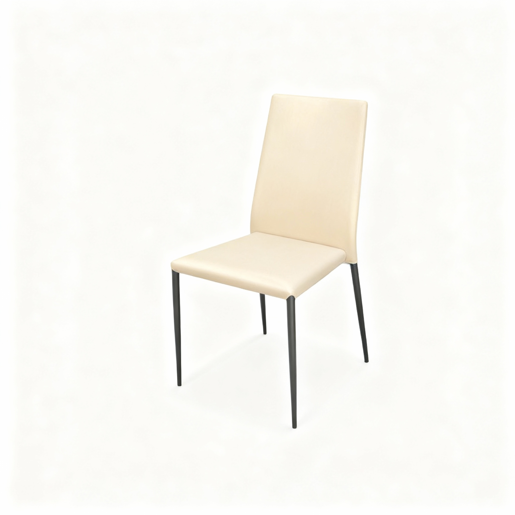 Modern "Beatrice" dining chair with a high back, upholstered in a taupe/gold washable fabric, supported by slender black metal legs.
