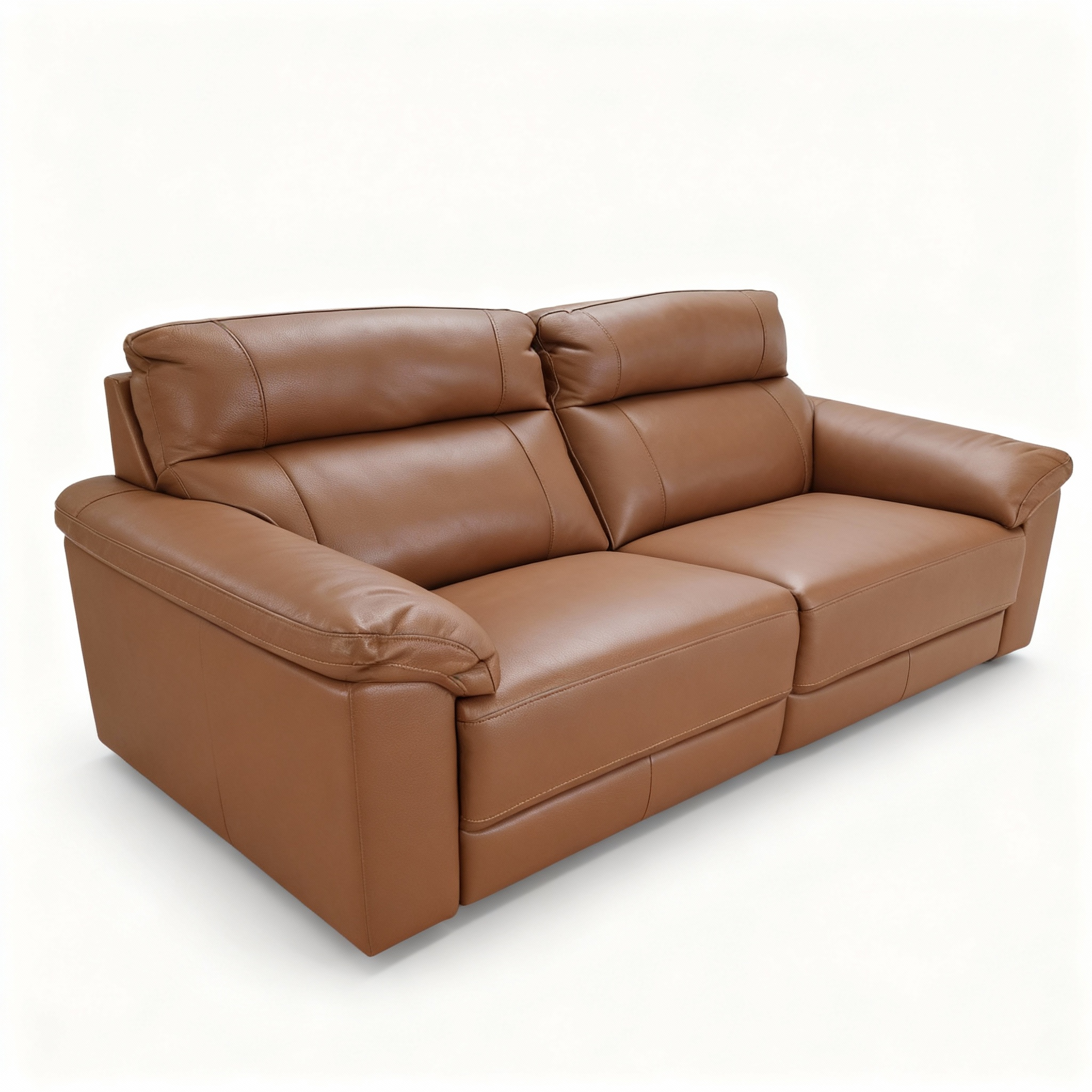Elegant "Bella" 2-seater sofa upholstered in Terra di Siena brown full-grain leather, featuring dual independent electric reclining mechanisms and padded high backrests.