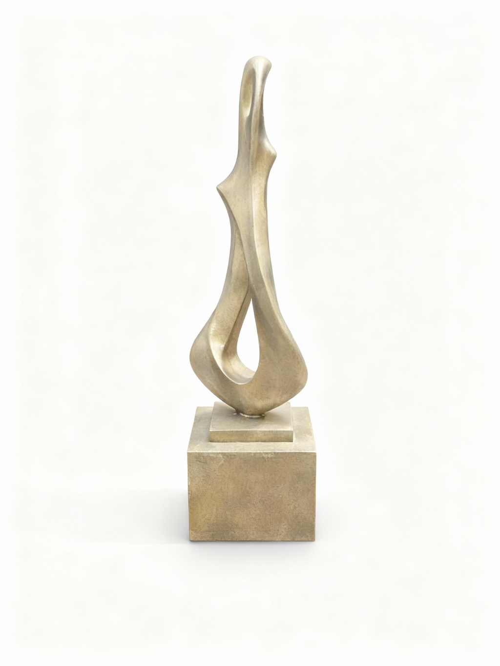 Modern biomorphic sculpture with fluid curves and openings, featuring a rich patinated gold bronze effect finish
