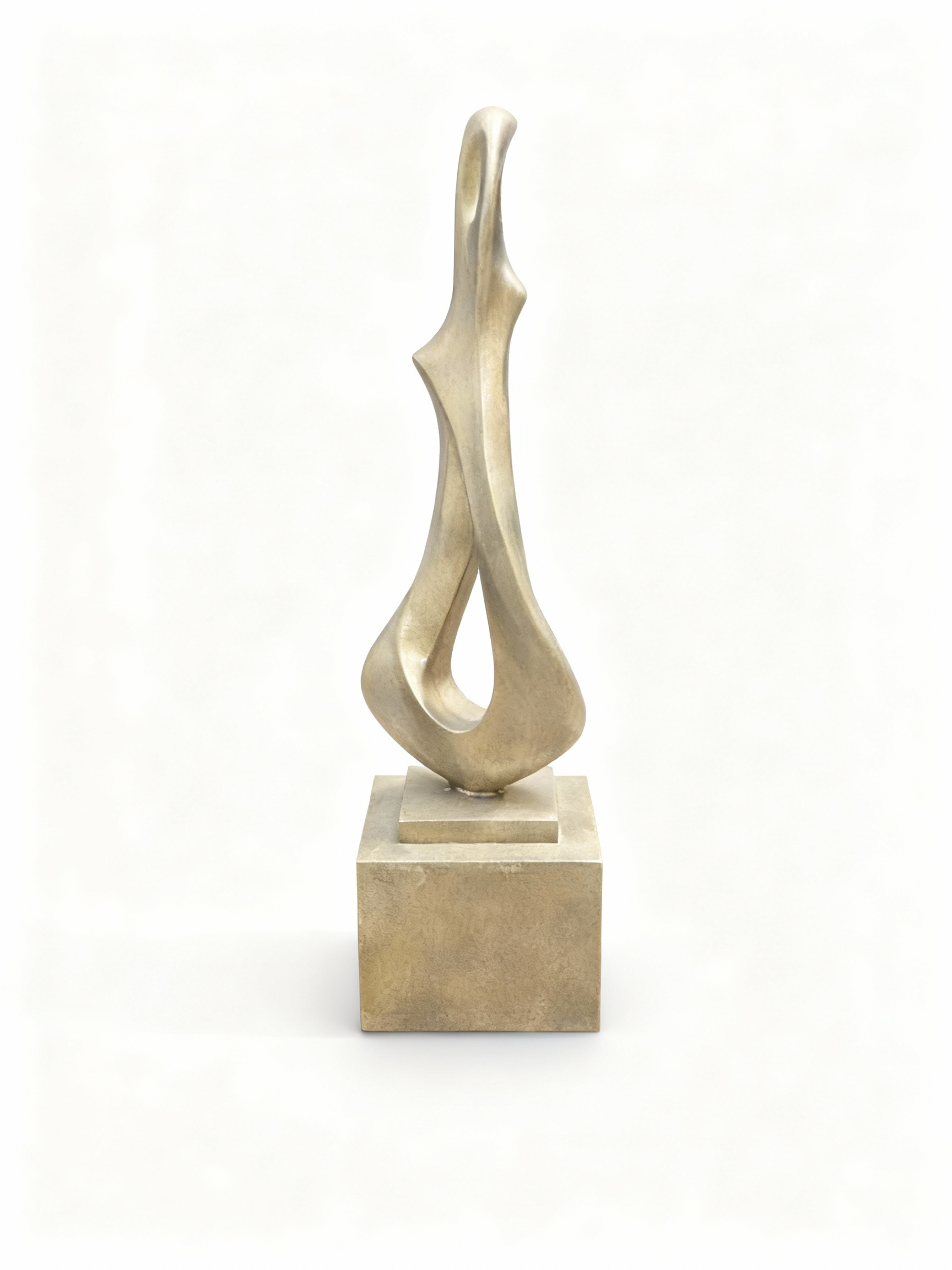 Modern biomorphic sculpture with fluid curves and openings, featuring a rich patinated gold bronze effect finish