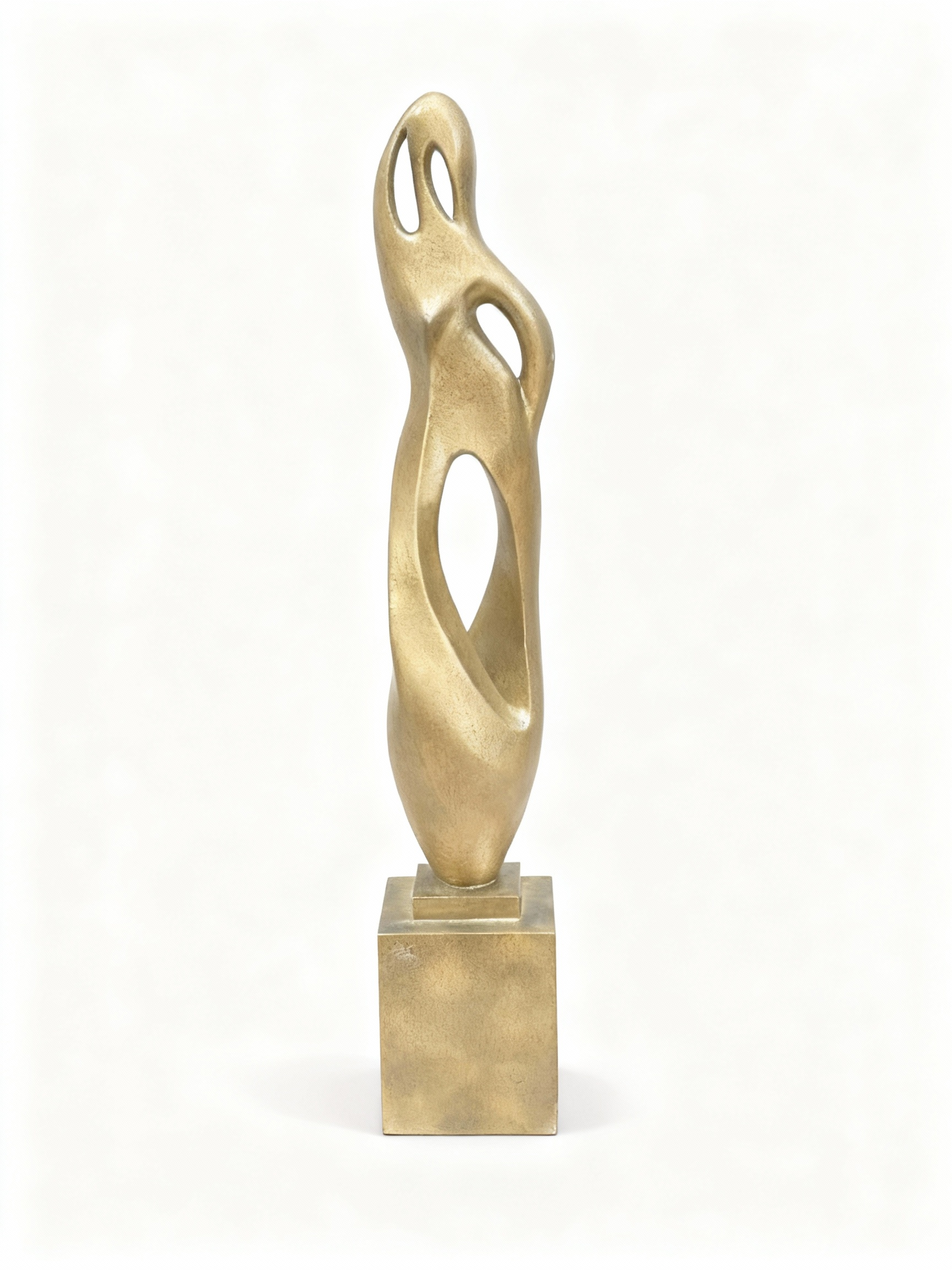 Modern biomorphic sculpture with fluid curves and openings, featuring a rich patinated gold bronze effect finish