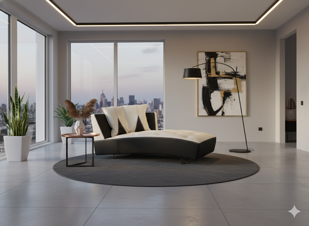 Black and white bicolor leather chaise longue with tufted seat and contrasting hand-stitched seams