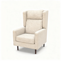 Blend Scandinavian wingback armchair in light beige linen-look fabric with dark wood legs