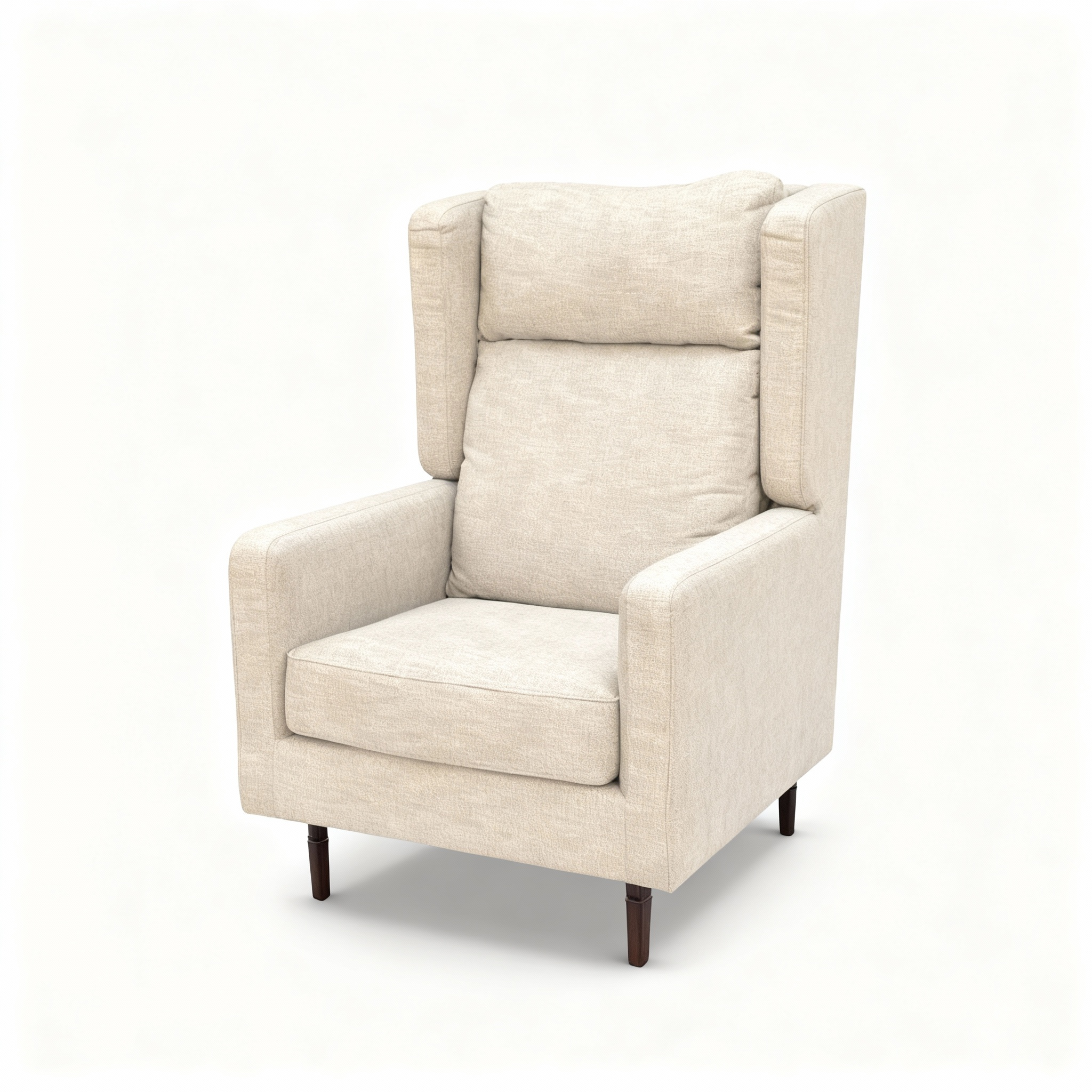 Scandinavian "Blend" wingback armchair upholstered in light beige linen-look fabric, featuring a tall backrest, subtle wings, and slender dark wooden tapered legs.