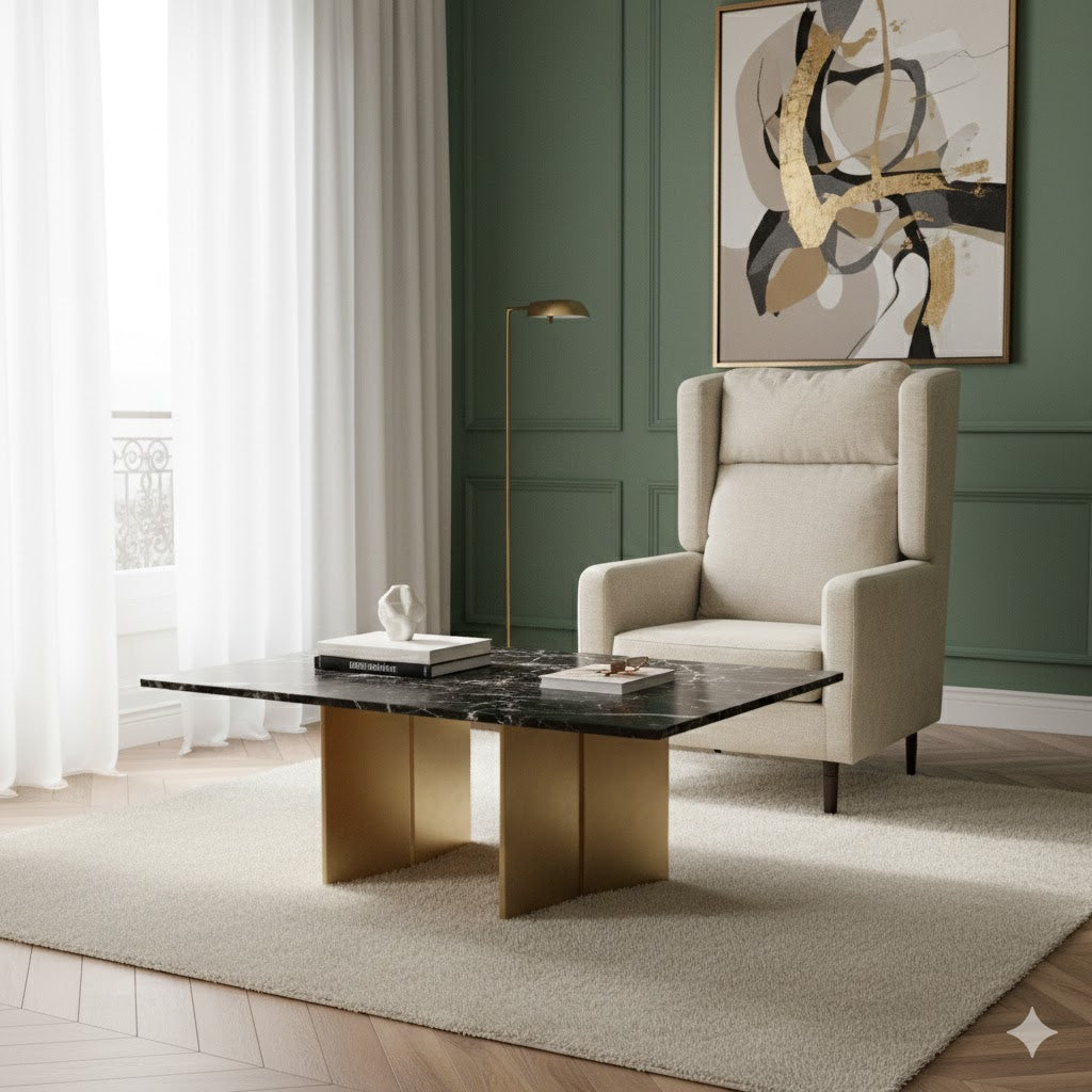 Scandinavian "Blend" wingback armchair upholstered in light beige linen-look fabric, featuring a tall backrest, subtle wings, and slender dark wooden tapered legs.