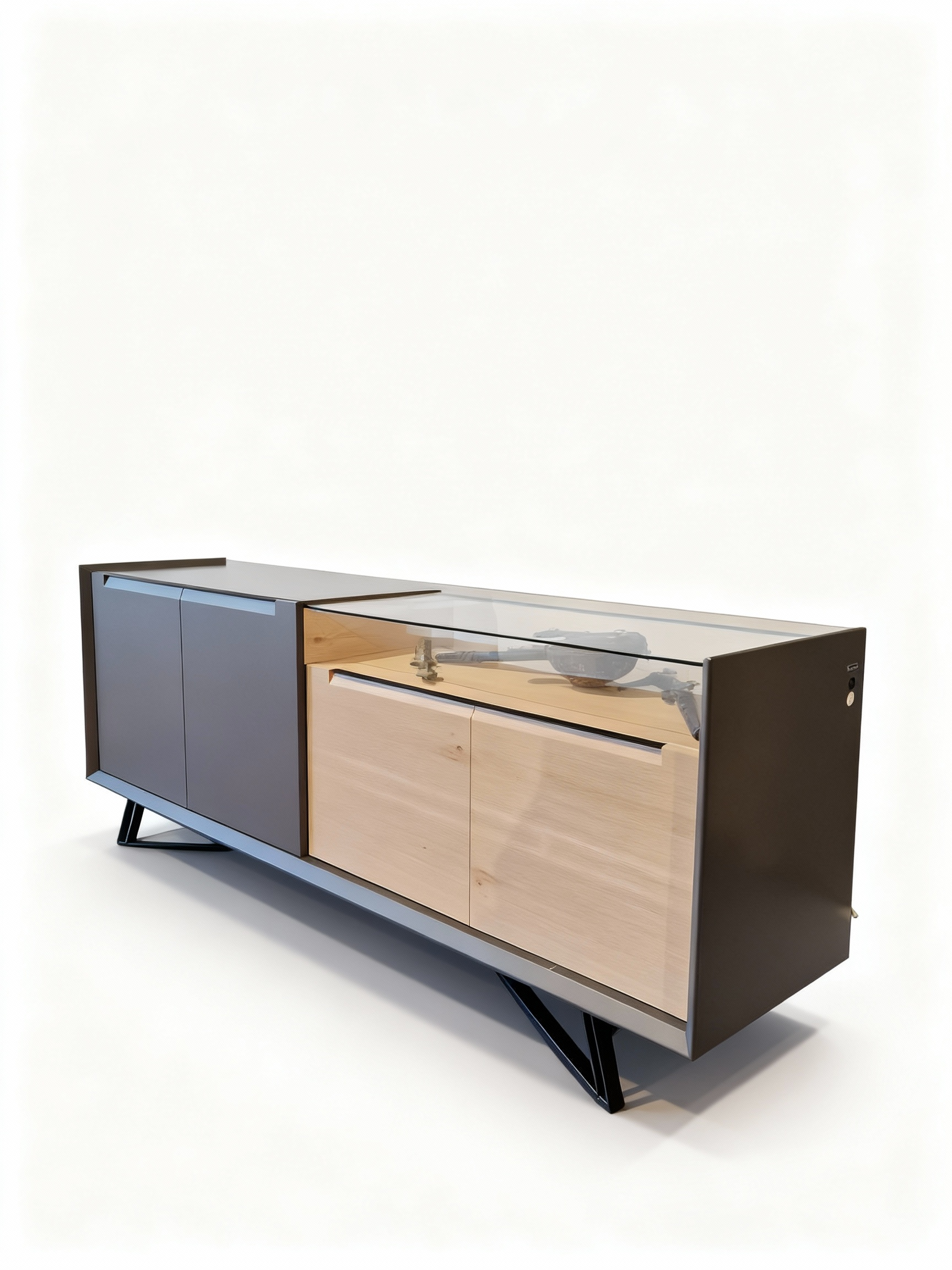 Contemporary Borreal 4-door sideboard featuring light walnut wood, matte brown lacquer, and a glass top. The piece stands on modern black steel legs.