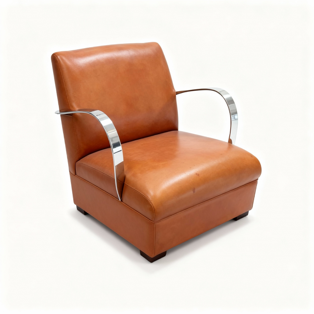 Art Deco style "Brooklyn" club armchair upholstered in rich camel/cognac genuine leather, featuring square architectural lines and distinctive polished chrome metal armrests.