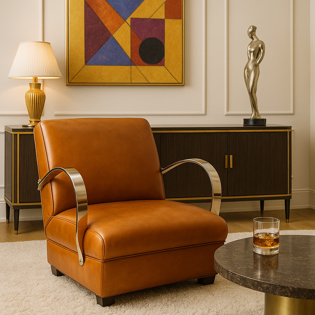 Art Deco style "Brooklyn" club armchair upholstered in rich camel/cognac genuine leather, featuring square architectural lines and distinctive polished chrome metal armrests.
