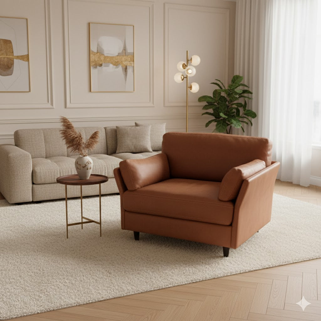 Classic club armchair with generous, enveloping cushions, upholstered in rich chestnut-brown genuine leather with a natural, developing patina.Accessibility (screen readers) and Image SEO.