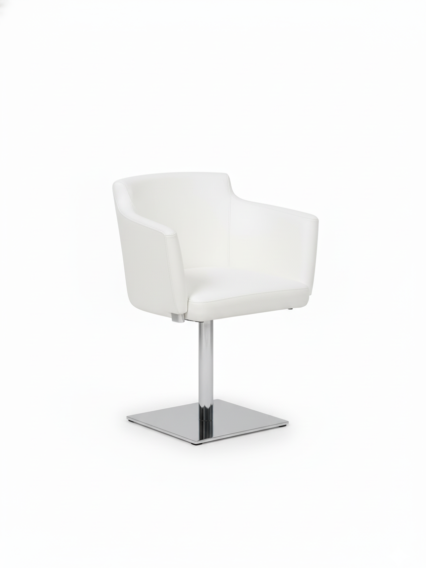 COMPI swivel armchair in immaculate white leather on a sleek polished chrome column base