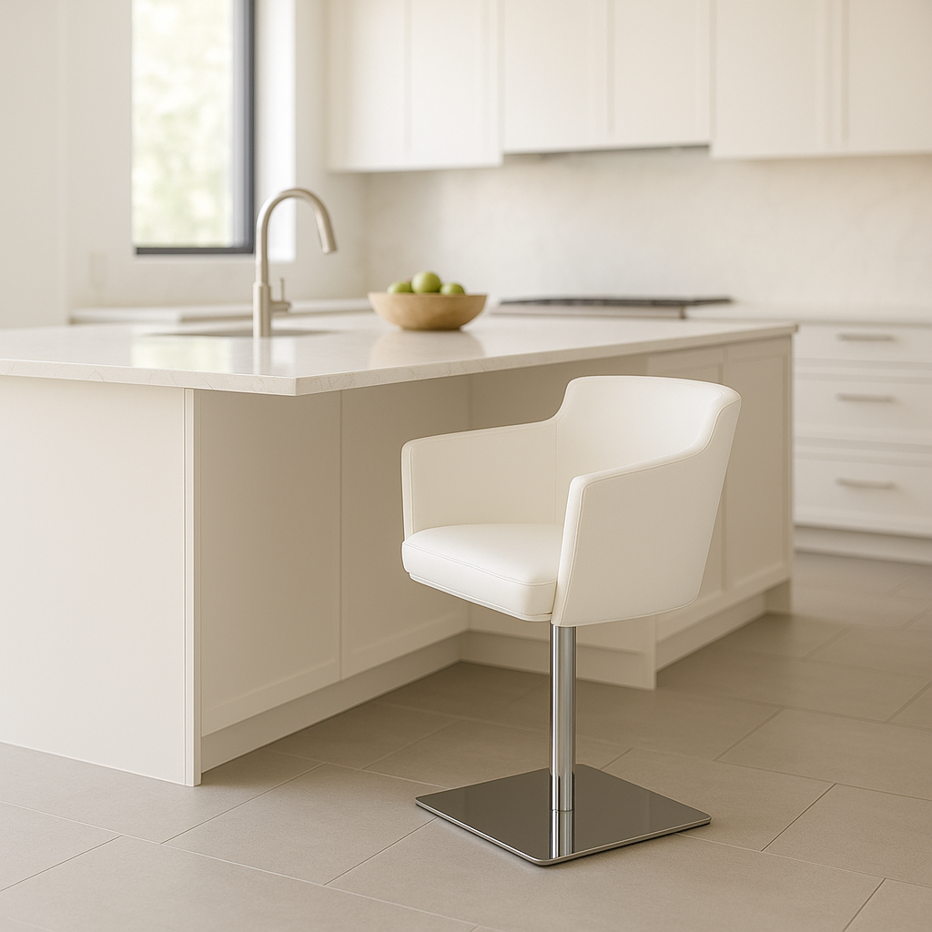 Back view of the COMPI white leather swivel armchair showing clean lines